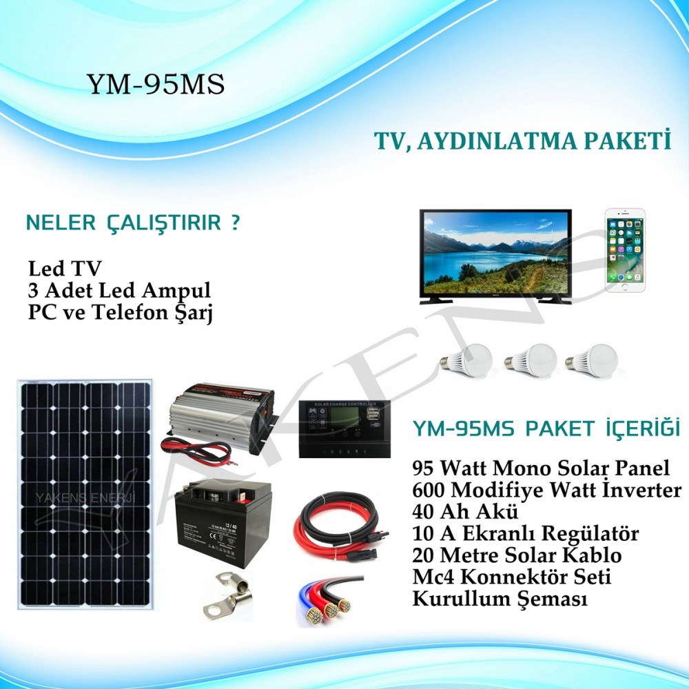 Tv + Aydınlatma Monokristal Hazır Solar Paket YM-95MS  